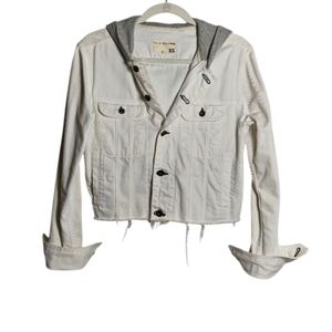RAG & BONE / JEAN Button Up White Jean Jacket With Gray Hood Size Xsmall